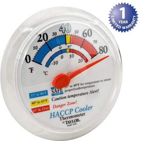 Taylor Thermometer 6inOd, Wall, 0/80F 5636